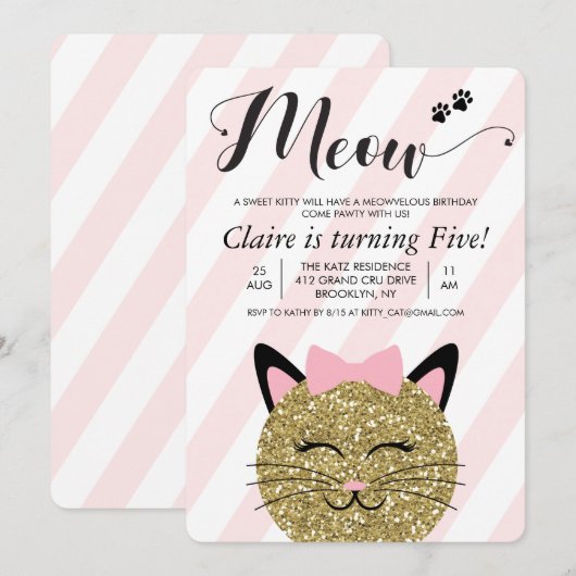 Invitation d'anniversaire pour chaton Miaou pour t (Devant / Derrière)