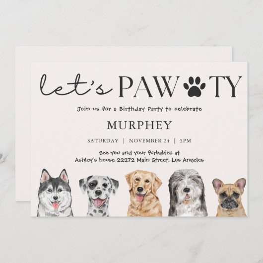 Invitation d'anniversaire pour chien Let's Pawty (Devant / Derrière)