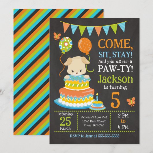 Invitation d'anniversaire pour chiot garçon Fête P (Devant / Derrière)