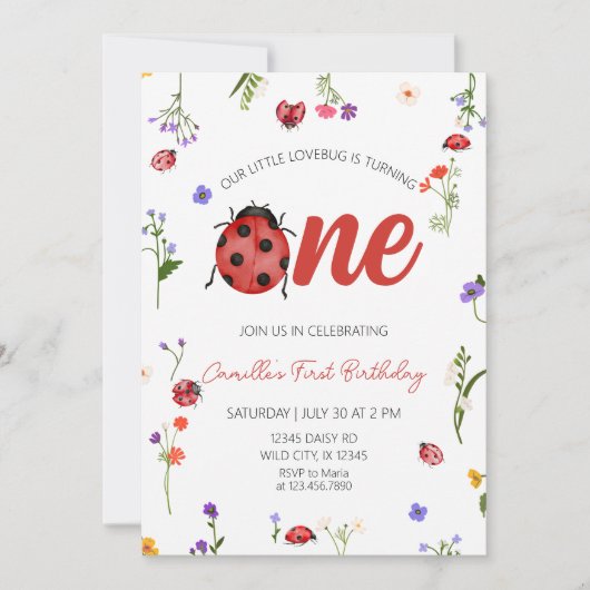 Invitation d'anniversaire pour coccinelle pour un (Devant)