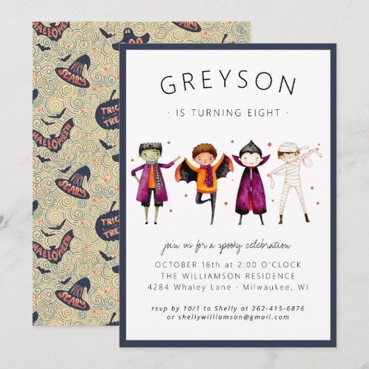 Invitation d'anniversaire pour costume d'Halloween (Devant / Derrière)