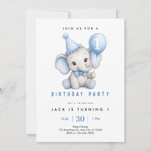 Invitation d'anniversaire pour éléphant bébé 1 an (Devant)