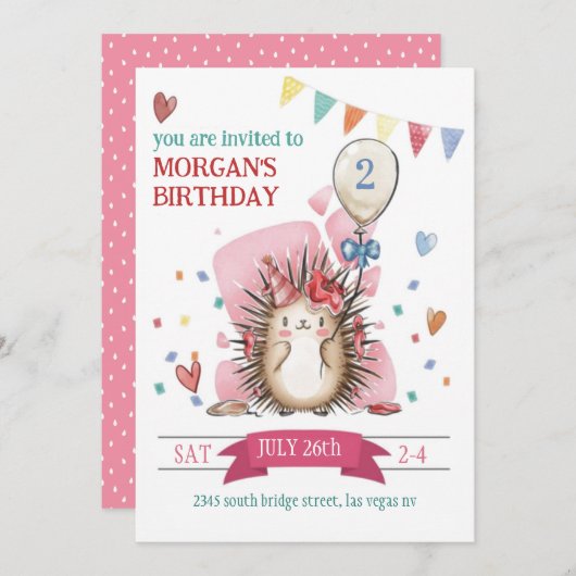 Invitation d'anniversaire pour enfants de Hérisson (Devant / Derrière)