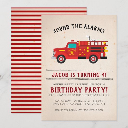 Invitation d'anniversaire pour enfants de pompier (Devant / Derrière)