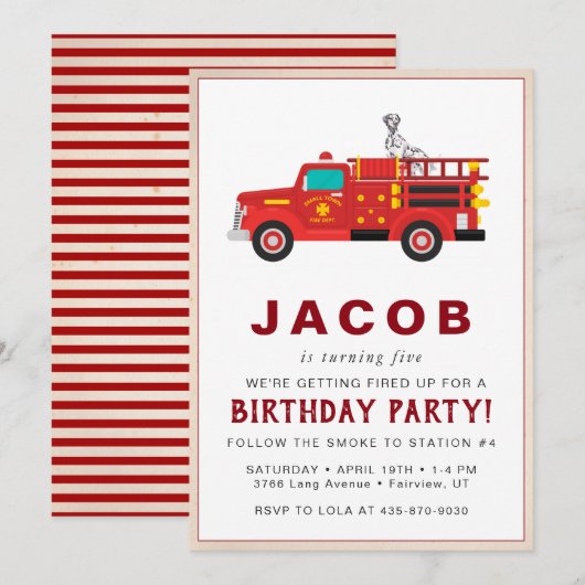 Invitation d'anniversaire pour enfants de pompiers (Devant / Derrière)