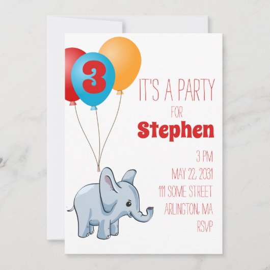 Invitation d'anniversaire pour enfants éléphant (Devant)