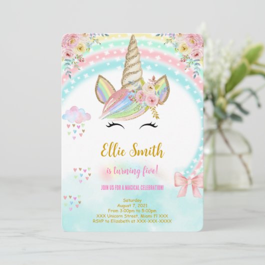 Invitation d'anniversaire pour enfants licorne (Debout devant)