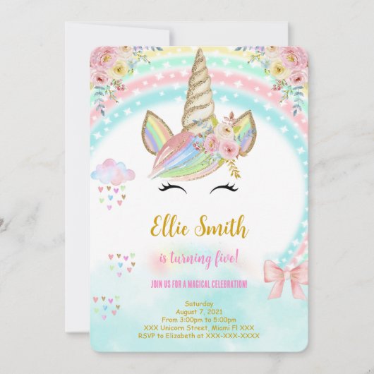 Invitation d'anniversaire pour enfants licorne (Devant)