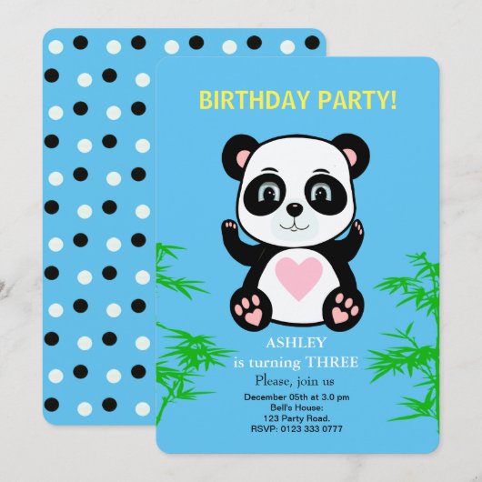 Invitation d'anniversaire pour enfants Panda Bear (Devant / Derrière)