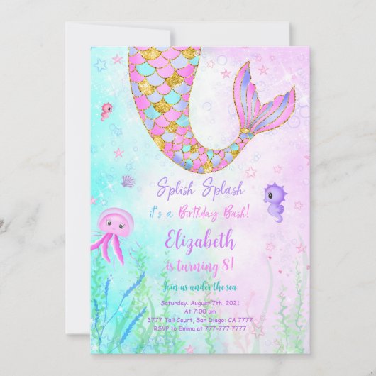 Invitation d'anniversaire pour enfants sirène (Devant)
