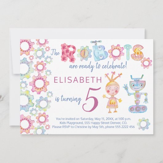 Invitation d'anniversaire pour enfants thème robot (Devant)