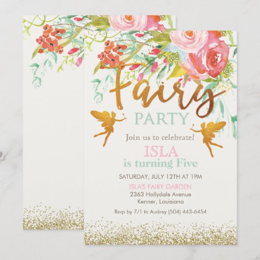 Invitation d'anniversaire pour fête de fée - TOUS (Devant / Derrière)