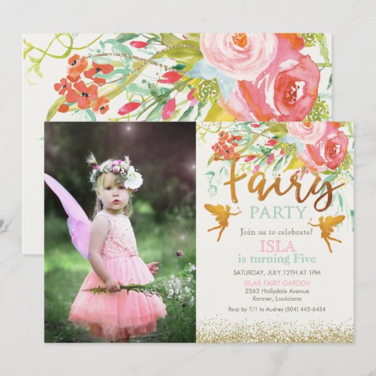 Invitation d'anniversaire pour fête de fées - TOUS (Devant / Derrière)