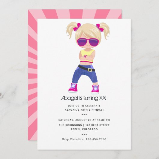 Invitation d'anniversaire pour fille à thème Hip h (Devant / Derrière)