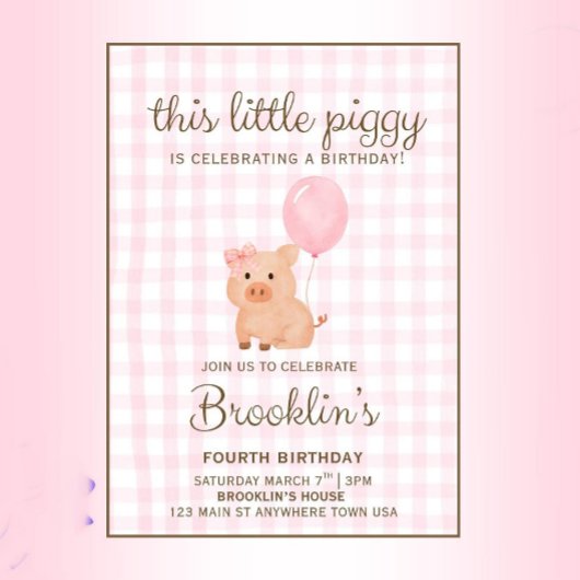Invitation d'anniversaire pour fille au cochon en
