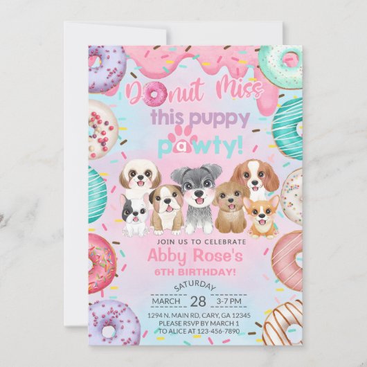 Invitation d'anniversaire pour fille avec chiots, (Devant)