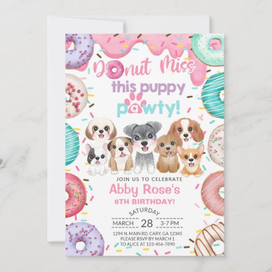 Invitation d'anniversaire pour fille avec chiots, (Devant)