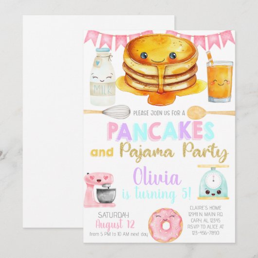 Invitation d'anniversaire pour fille avec crêpes e (Devant / Derrière)