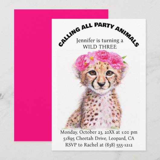 Invitation d'anniversaire pour fille avec safari a (Devant / Derrière)