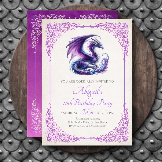 Invitation d'anniversaire pour fille Dragon Violet