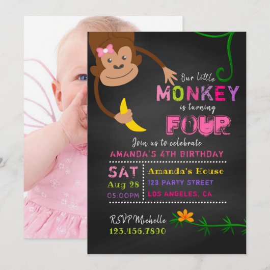 Invitation d'anniversaire pour fille singe petit t (Devant / Derrière)