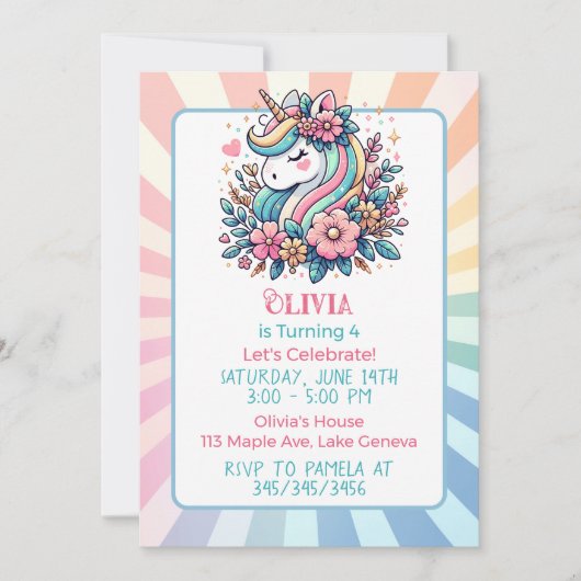 Invitation d'anniversaire pour fille thème licorne (Devant)