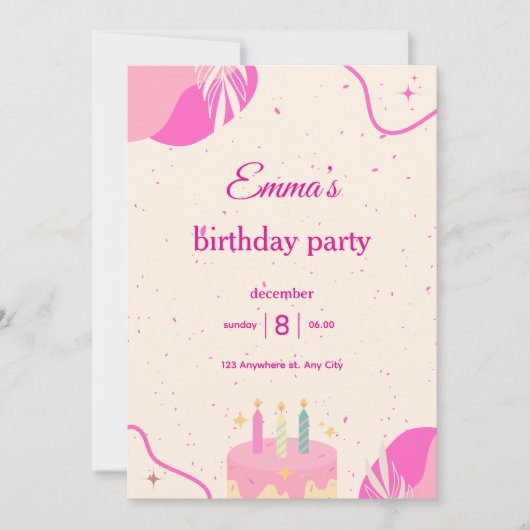 Invitation d'anniversaire pour filles. (Devant)