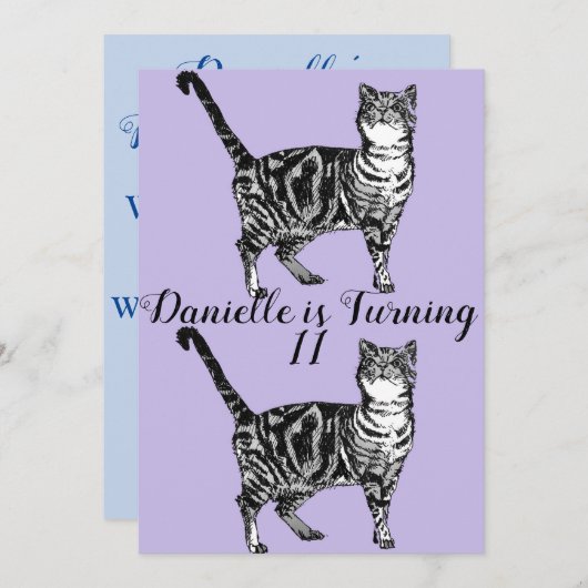Invitation d'anniversaire pour filles avec chat ti (Devant / Derrière)