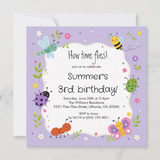Invitation d'anniversaire pour filles avec des bug (Devant)