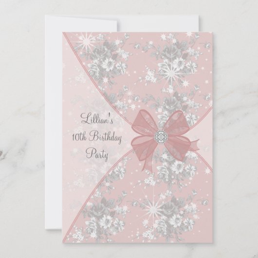Invitation d'anniversaire pour filles avec rose ro (Devant)