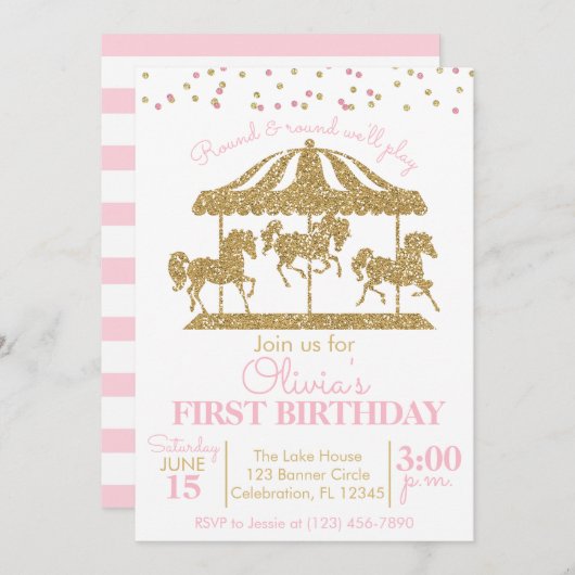 Invitation d'anniversaire pour filles carrousel ro (Devant / Derrière)