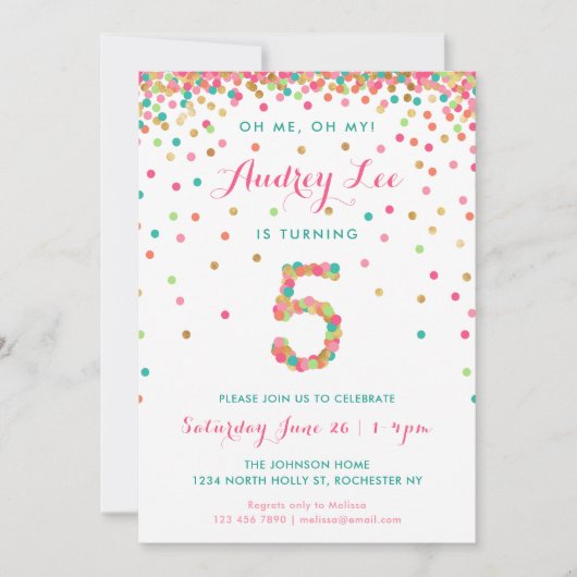Invitation d'anniversaire pour filles de 5 ans fêt (Devant)