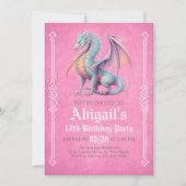 Invitation d'anniversaire pour filles Dragon Rose (Devant)