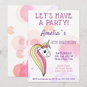 Invitation d'anniversaire pour filles licorne mign (Devant / Derrière)