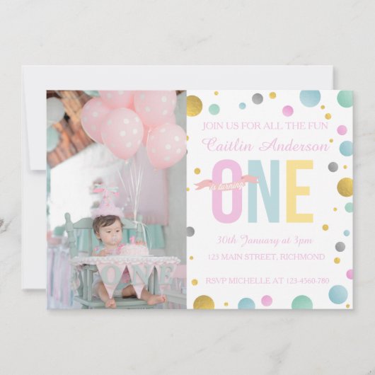 Invitation d'anniversaire pour filles - Pois (Devant)