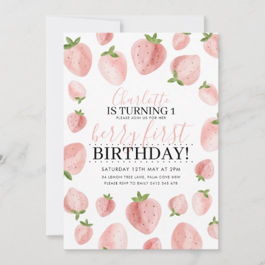 Invitation d'anniversaire pour filles Strawberry B (Devant)
