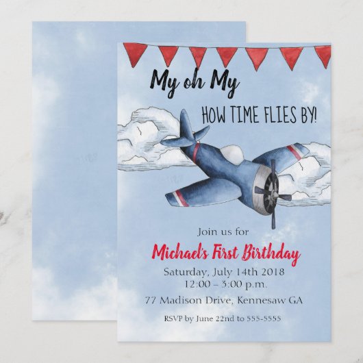 Invitation d'anniversaire pour garçon avec avion (Devant / Derrière)