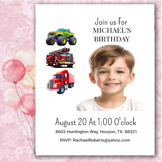 Invitation d'anniversaire pour garçon avec camion
