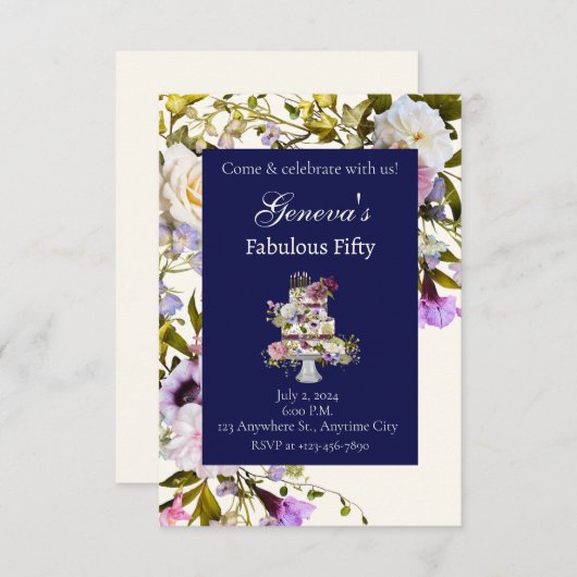 Invitation d'anniversaire pour gâteau floral crème (Devant / Derrière)
