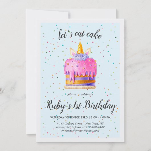 Invitation d'anniversaire pour gâteau licorne aqua (Devant)