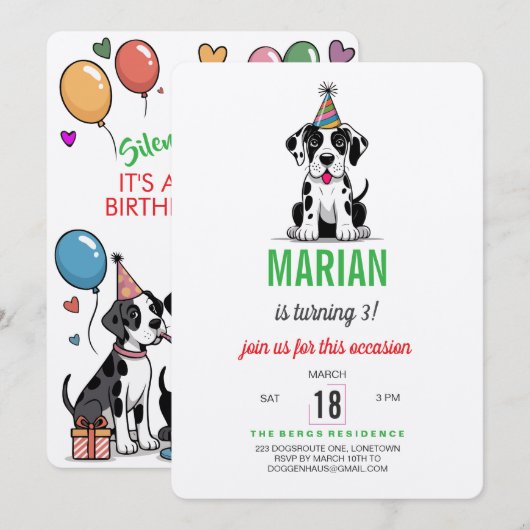 Invitation d'anniversaire pour Grand Danois (Devant / Derrière)