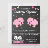 Invitation d'anniversaire pour jumelles éléphants (Devant)