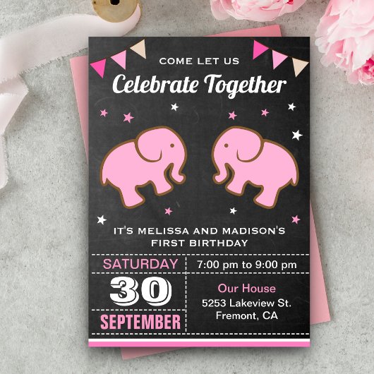 Invitation d'anniversaire pour jumelles éléphants