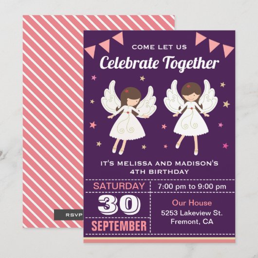 Invitation d'anniversaire pour jumelles fées migno (Devant / Derrière)