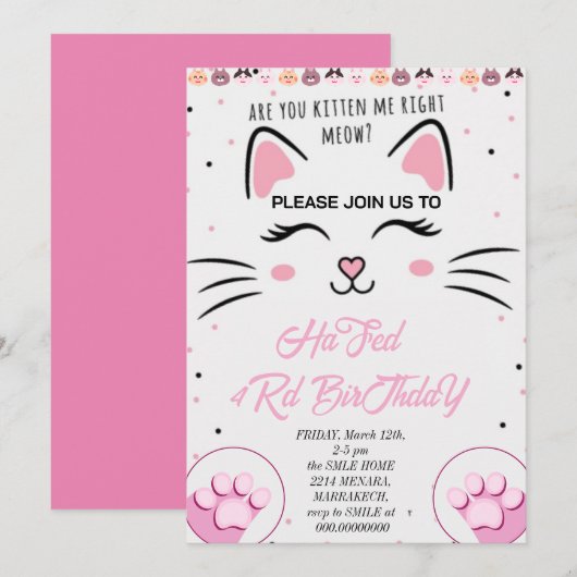 Invitation d'anniversaire pour Kitty et ses amis, (Devant / Derrière)