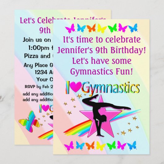 INVITATION D'ANNIVERSAIRE POUR LA GYMNASTIQUE J'AD (Devant / Derrière)
