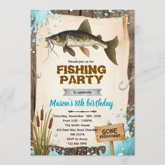 Invitation d'anniversaire pour la pêche au poisson (Devant)