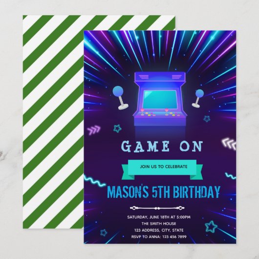 Invitation d'anniversaire pour l'arcade Glow (Devant / Derrière)