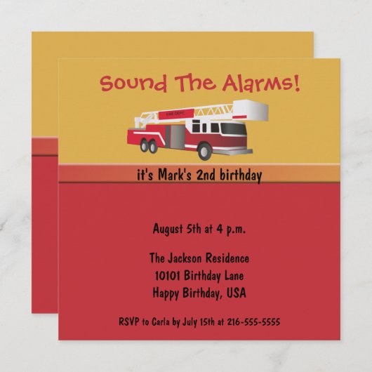 Invitation d'anniversaire pour le Fun Truck Fire (Devant / Derrière)