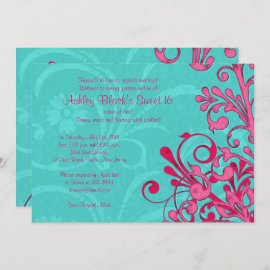 Invitation d'anniversaire pour les 16 ans avec fle (Devant / Derrière)